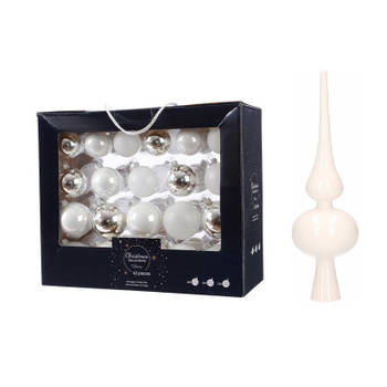 42x stuks glazen kerstballen wit/zilver 5-6-7 cm inclusief witte piek - Kerstbal