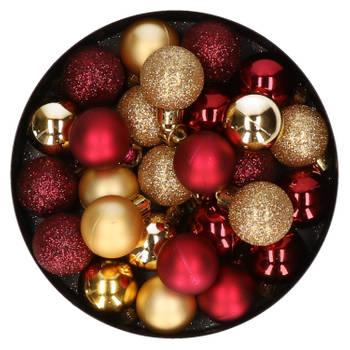 28x stuks kunststof kerstballen goud en donkerrood mix 3 cm - Kerstbal