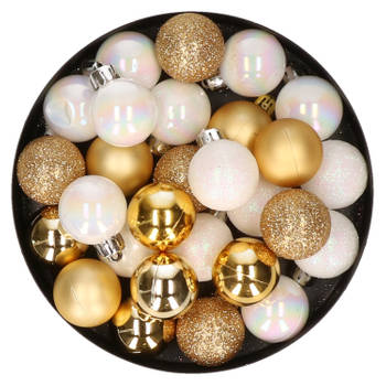 28x stuks kunststof kerstballen parelmoer wit en goud mix 3 cm - Kerstbal
