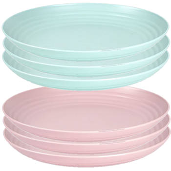 Setje van 6x stuks ronde kunststof borden groen en roze 25 cm - Campingborden