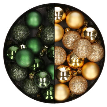 28x stuks kleine kunststof kerstballen goud en donkergroen 3 cm - Kerstbal
