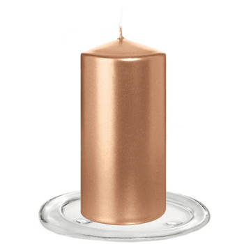Trend Candles - Stompkaarsen met glazen onderzetters set van 2x stuks - rose goud 6 x 12 cm - Stompkaarsen