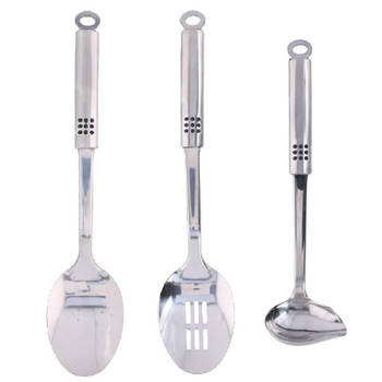 3-Delige keukengerei set opscheplepel, schuimspaan en saus/juslepel 29 en 34 cm van RVS - Keukengerei