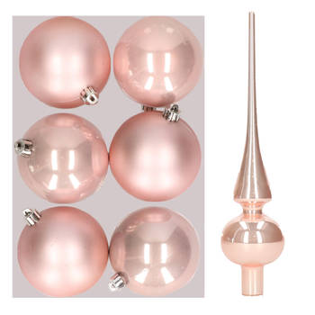 Set van 6x stuks kunststof kerstballen 8 cm inclusief glazen piek lichtroze - Kerstbal