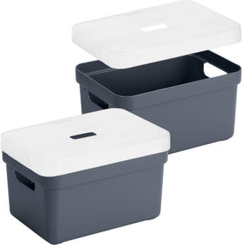 2x stuks opbergboxen/opbergmanden donkerblauw van 13 liter kunststof met transparante deksel - Opbergbox
