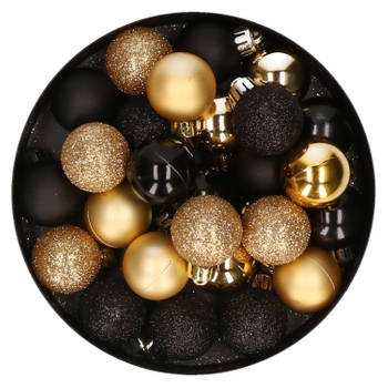 Kleine kerstballen - 28x st - zwart/goud - D3 cm - kunststof - Kerstbal