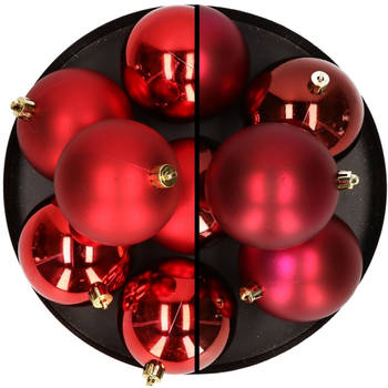 12x stuks kunststof kerstballen 8 cm mix van donkerrood en rood - Kerstbal