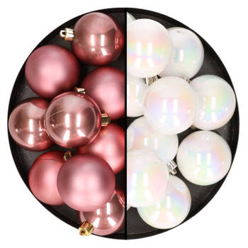 24x stuks kunststof kerstballen mix van velvet roze en parelmoer wit 6 cm - Kerstbal