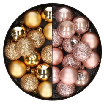 28x stuks kleine kunststof kerstballen zachtroze en goud 3 cm - Kerstbal