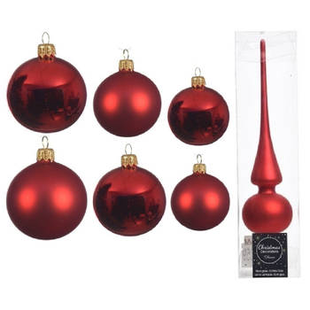 Groot pakket glazen kerstballen 50x kerstrood glans/mat 4-6-8 cm met piek mat - Kerstbal