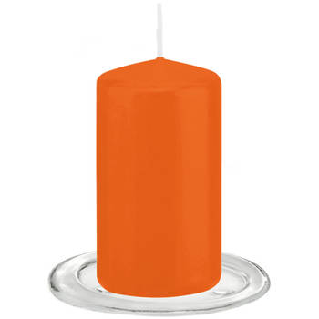 Trend Candles - Stompkaarsen met glazen onderzetters set van 2x stuks - oranje 6 x 12 cm - Stompkaarsen