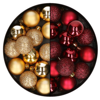 28x stuks kleine kunststof kerstballen bordeaux rood en goud 3 cm - Kerstbal