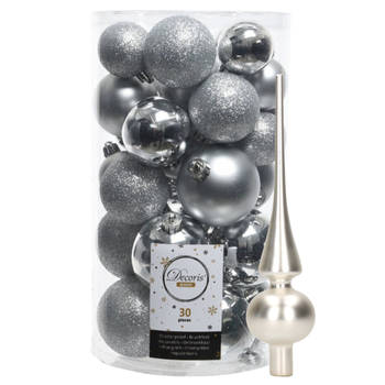 Decoris kerstballen 30x stuks - zilver 4/5/6 cm kunststof mat/glans/glitter mix en piek - Kerstbal