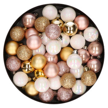 42x stuks kunststof kerstballen lichtroze, parelmoer wit en goud mix 3 cm - Kerstbal
