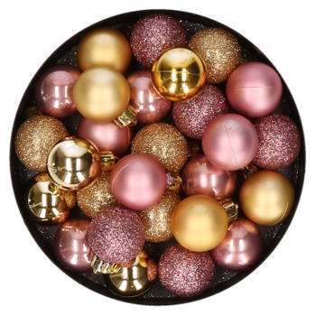 28x stuks kunststof kerstballen goud en oudroze mix 3 cm - Kerstbal