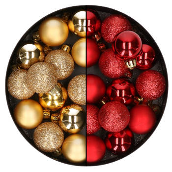 28x stuks kleine kunststof kerstballen goud en rood 3 cm - Kerstbal