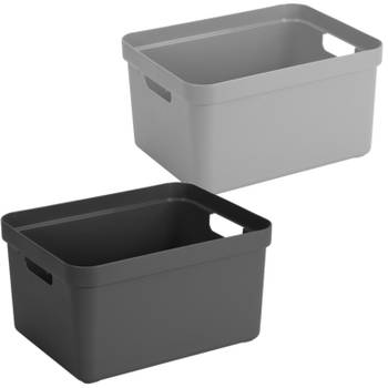 Opbergboxen/opbergmanden - 2x stuks - 32 liter - kunststof 45 x 35 x 24 cm - zwart/grijs - Opbergbox