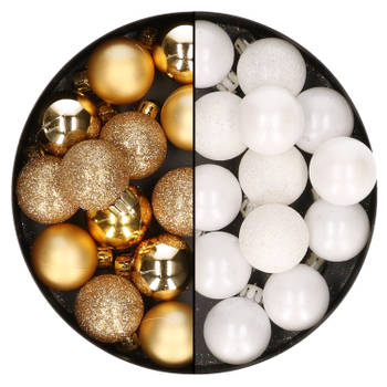 28x stuks kleine kunststof kerstballen wit en goud 3 cm - Kerstbal