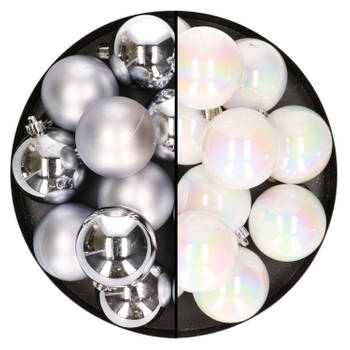 24x stuks kunststof kerstballen mix van zilver en parelmoer wit 6 cm - Kerstbal