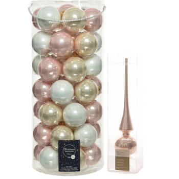 49x stuks glazen kerstballen lichtroze/parel/wit 6 cm inclusief lichtroze piek - Kerstbal