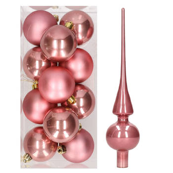 Set van 12x stuks kunststof kerstballen 6 cm inclusief glazen piek lichtroze - Kerstbal