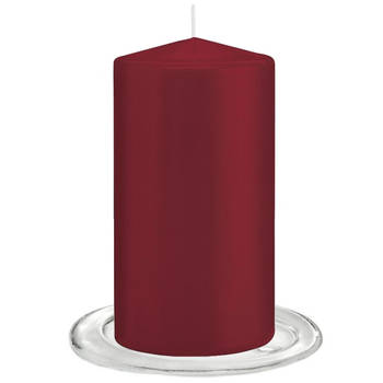 Trend Candles - Stompkaarsen met glazen onderzetters set van 2x stuks - bordeaux rood 8 x 15 cm - Stompkaarsen