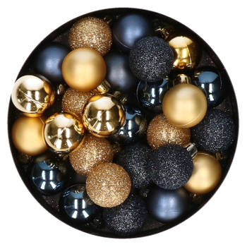 28x stuks kunststof kerstballen goud en donkerblauw mix 3 cm - Kerstbal