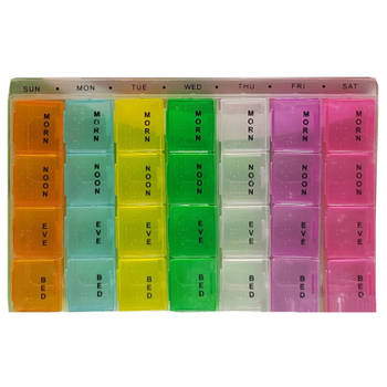 Gekleurde medicijnen doos/pillendoos 28-vaks wit 17 cm - Pillendoosjes