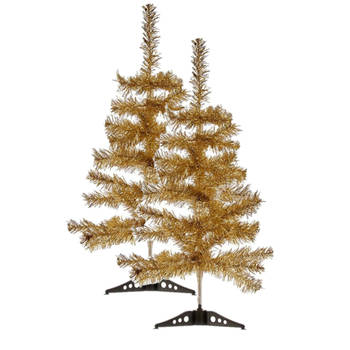 2x stuks kleine glitter bronzen kerstbomen van 60 cm - Kunstkerstboom
