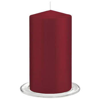 Trend Candles - Stompkaarsen met glazen onderzetters set van 2x stuks - bordeaux rood 8 x 15 cm - Stompkaarsen