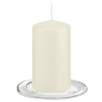 Trend Candles - Stompkaarsen met glazen onderzetters set van 2x stuks - ivoor wit 6 x 12 cm - Stompkaarsen