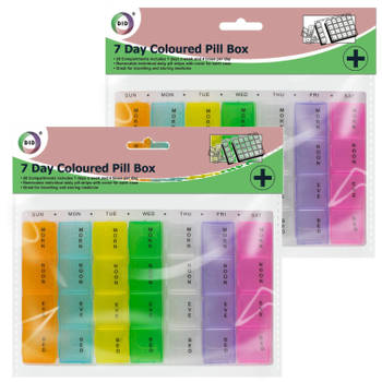 Multipak van 2x stuks gekleurde medicijnen doos/pillendoosjes 28-vaks wit 17 cm - Pillendoosjes