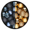 28x stuks kleine kunststof kerstballen nachtblauw en goud 3 cm - Kerstbal