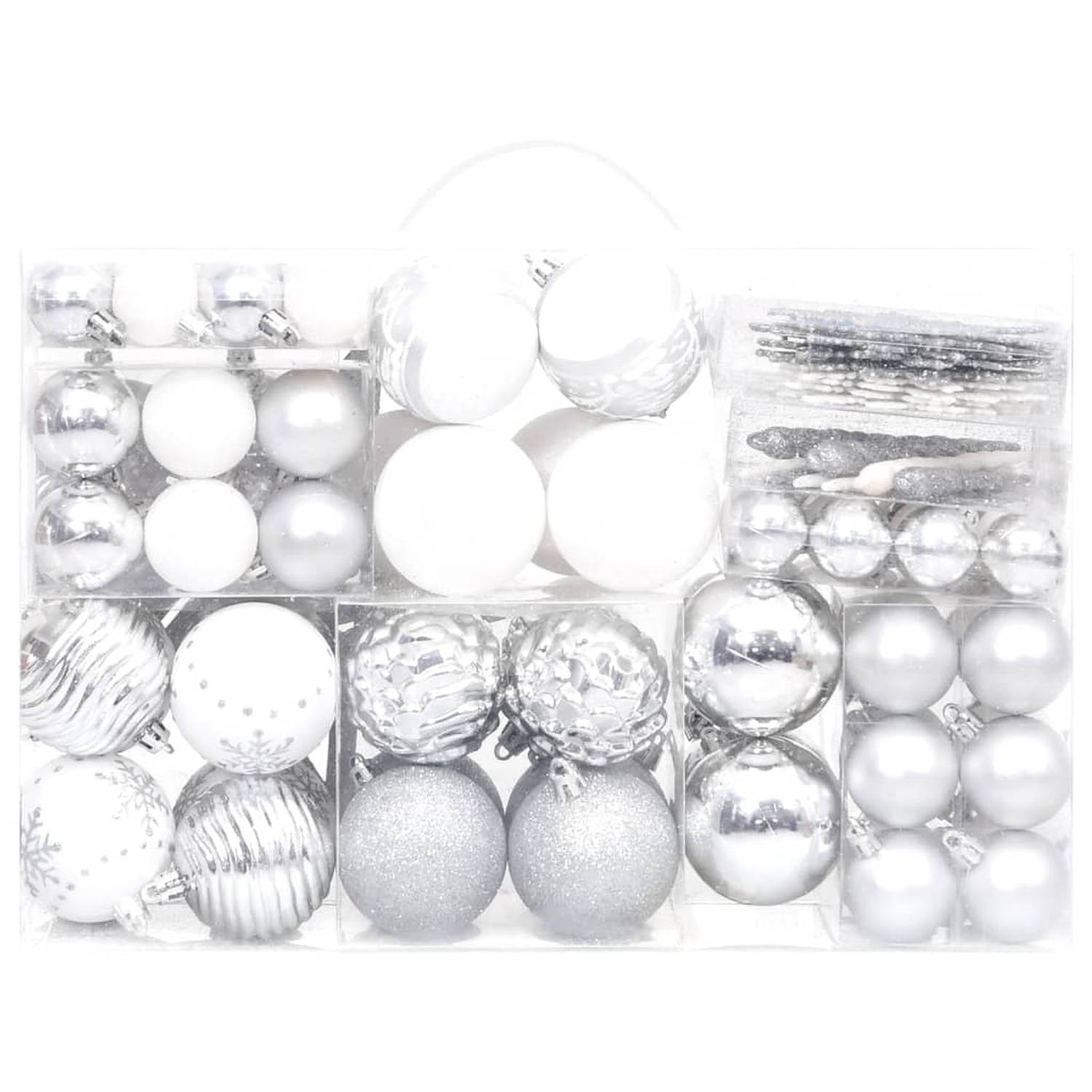 The Living Store Kerstballenset - Onbreekbaar Zilver en Wit - Verschillende maten - Lichtgewicht - Eenvoudig op te bergen - Kunststof