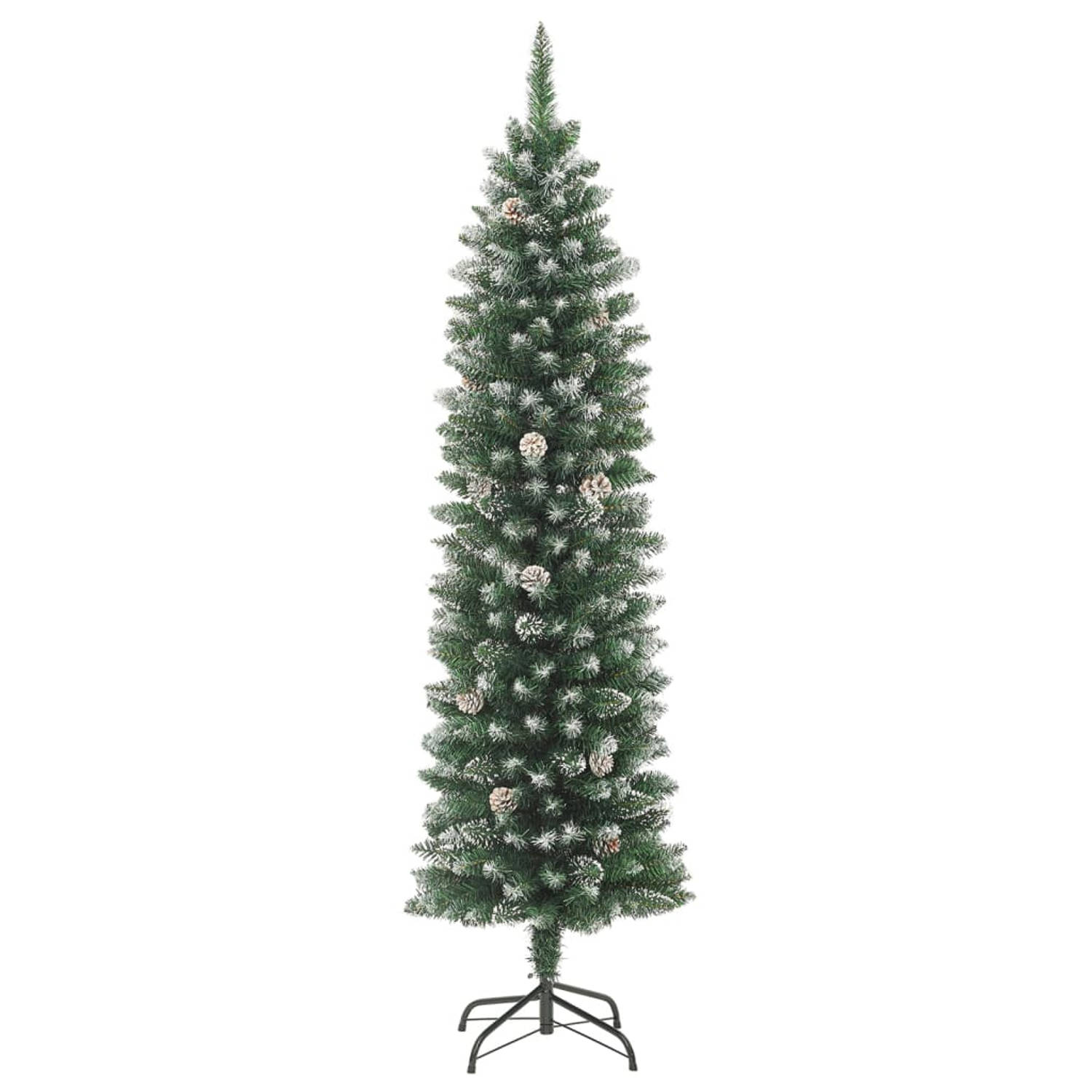 The Living Store Kerstboom Smal Groen/Wit 240cm - PVC/Staal - 550 uiteinden - Met dennenappels - Witte decoratiesneeuw