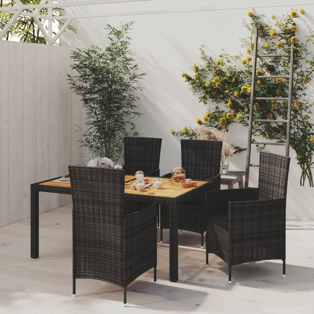 vidaXL 5-delige Tuinset met kussens poly rattan zwart