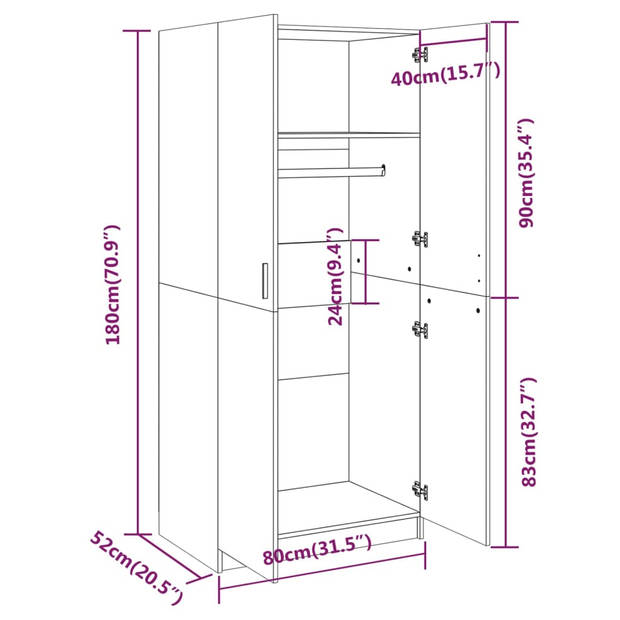 The Living Store Kledingkast Gerookt Eiken - 80x52x180 cm - Ruime opberging - Stabiel frame