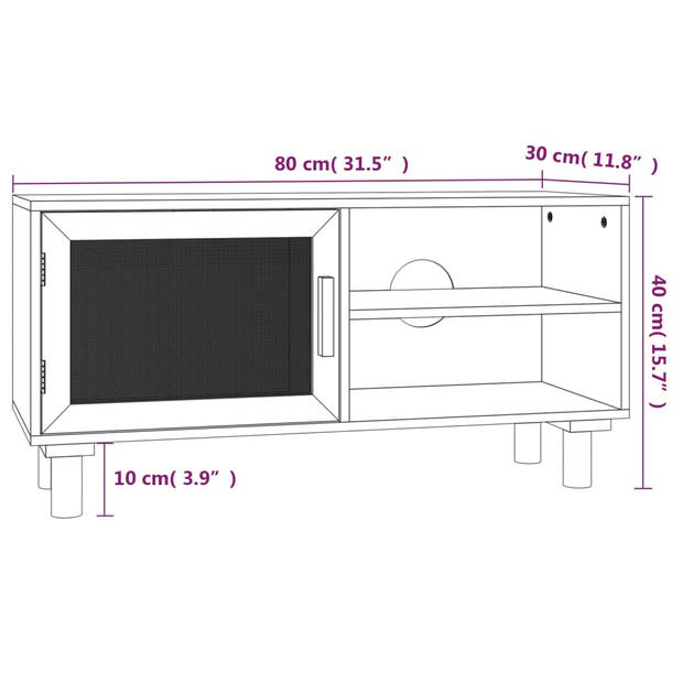 The Living Store TV-kast Classic - TV-kast - 80 x 30 x 40 cm - zwart cellulose - hout - rattan deur