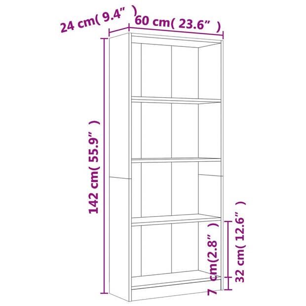 vidaXL Boekenkast 4 schappen 60x24x142 cm bewerkt hout bruin eikenkleur