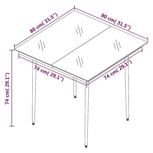 The Living Store Tuinset - Zwart - Staal en Glas - 80 x 80 x 74 cm - Bruine stoel - Crèmewit kussen