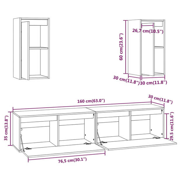 The Living Store Wandkast - TV-meubel - Set van 4 - Massief grenenhout - Zwart