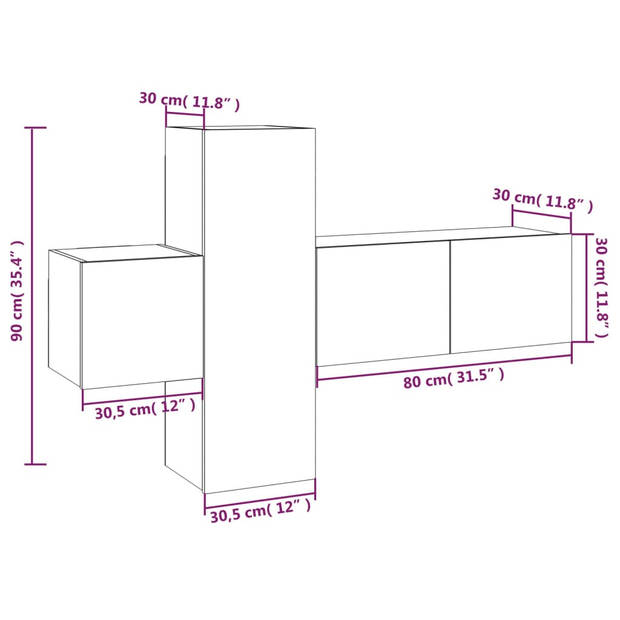 The Living Store TV-meubelset - Bruineiken - 80 x 30 x 30 cm - 30.5 x 30 x 90 cm - 30.5 x 30 x 30 cm