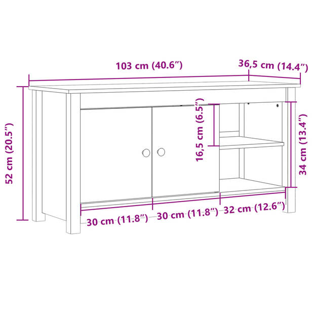 vidaXL Tv-meubel 103x36,5x52 cm massief grenenhout zwart