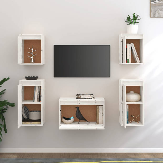 The Living Store TV-meubels - wit - massief grenenhout - set van 5 - 60 x 30 x 35 cm - klassiek design