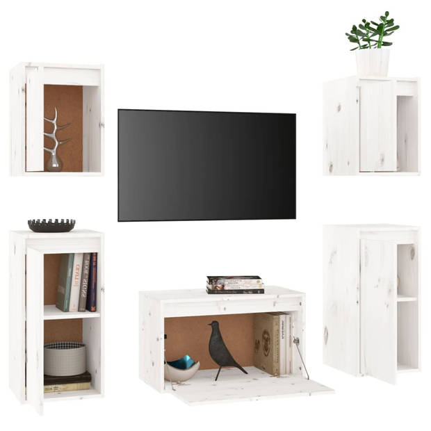 The Living Store TV-meubels - wit - massief grenenhout - set van 5 - 60 x 30 x 35 cm - klassiek design