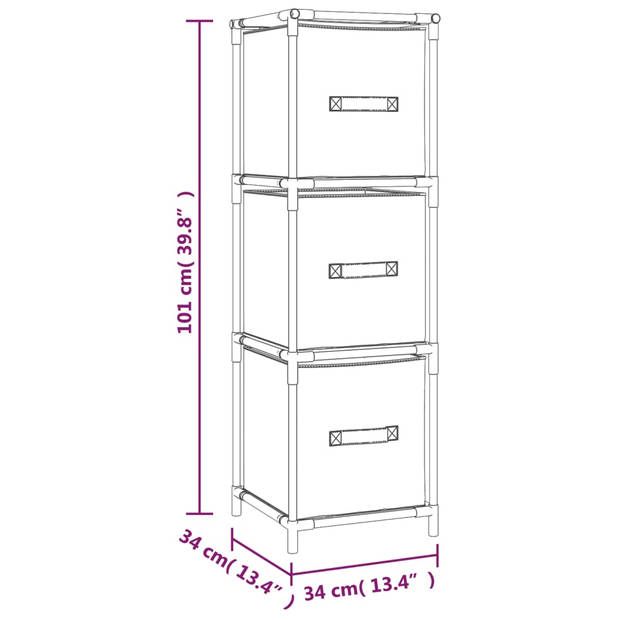 vidaXL Opbergkast met 3 stoffen lades 34x34x101 cm staal grijs