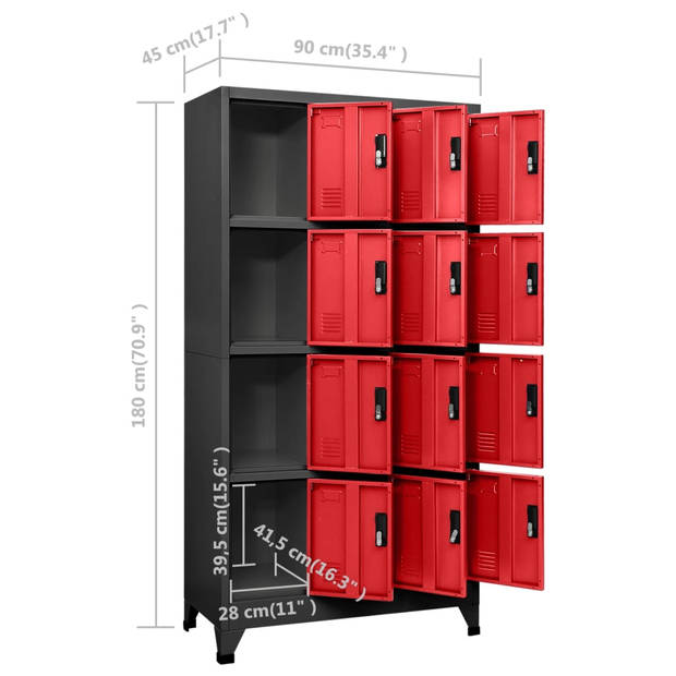 vidaXL Lockerkast 90x45x180 cm staal antracietkleurig en rood