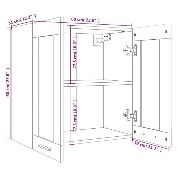 vidaXL Wandkast hangend 60x31x60 cm glas en bewerkt hout gerookt eiken