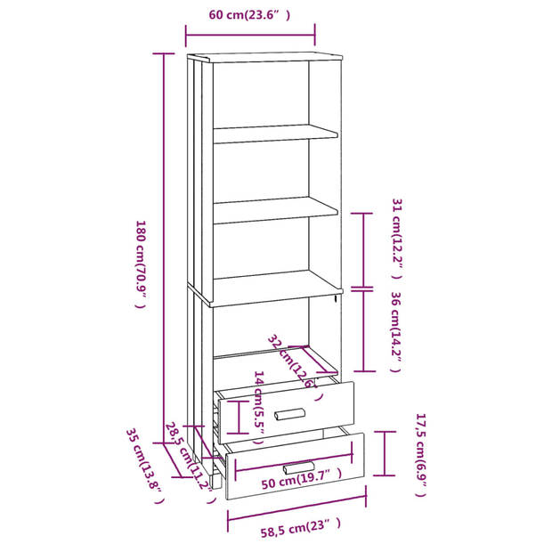 vidaXL Hoge kast HAMAR 60x35x180 cm massief grenenhout wit