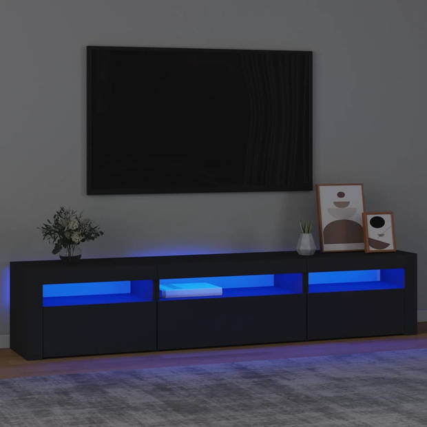 The Living Store tv-meubel - zwart - 195 x 35 x 40 cm - met RGB LED-verlichting - bewerkt hout